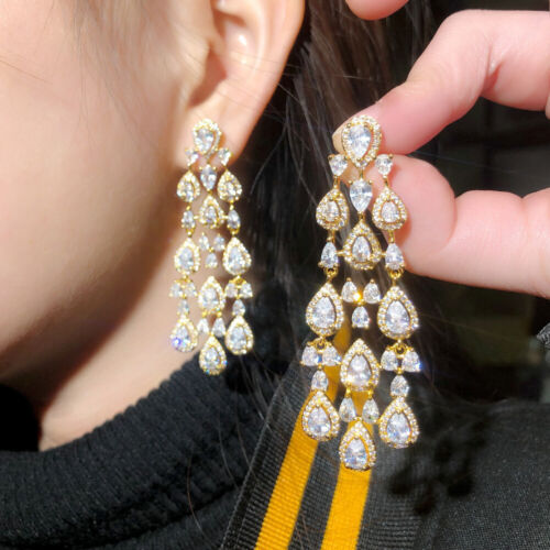 Sparkling Gold Plated Cubic Zircon Wedding Chandelier Dangle Long Drop Earrings - Photo 1 sur 11