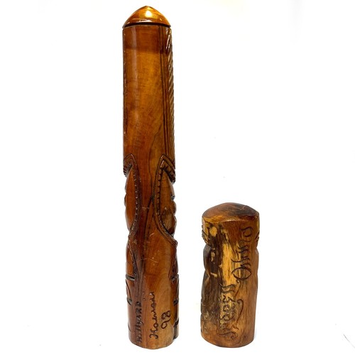 Pair Vintage Hawaiian Tiki Totems 14 1/2" and 6 1/2" Tall Hand Carved Signed - Picture 4 of 7
