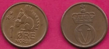 NORWAY 1 ORE 1965 XF SQUIRREL FACING LEFT,MINTMARK AND DATE IN TWO LINES TO ITS