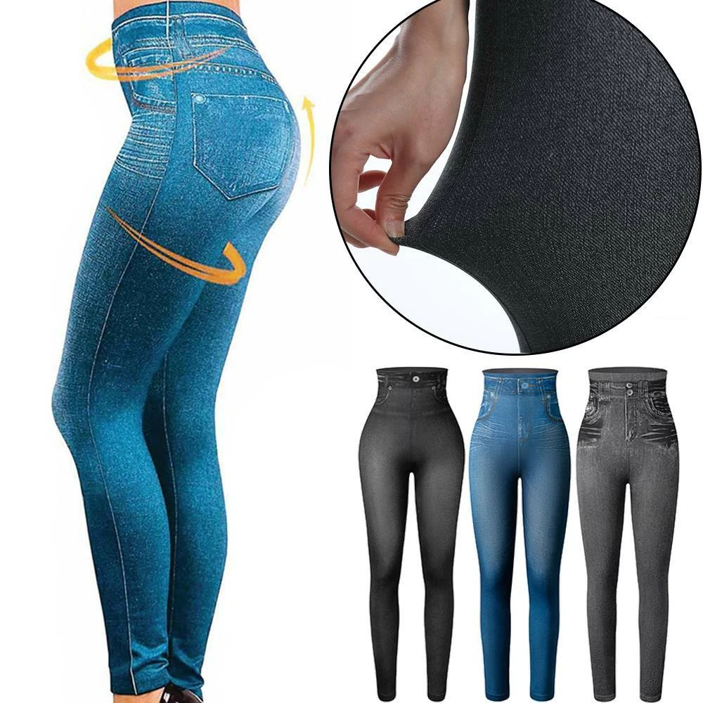 UK Women Jeggings Faux Denim Jeans Leggings Tummy Control Printed Pencil  Pants