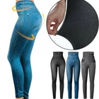 High Waist Jeggings Faux Denim Jeans Leggings Tummy Control Printed Pencil Pants