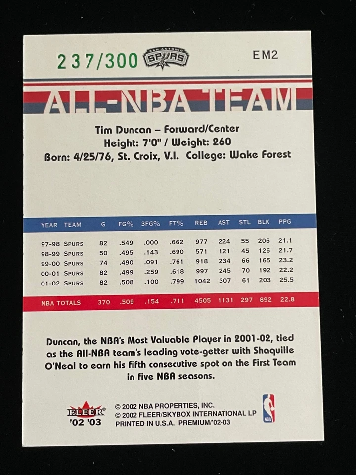 2002-03 Fleer Premium Emerald 237/300 Tim Duncan #EM2 Basketball Card 🔥🏀 - Image 2 of 2