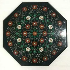 18" Black Marble Corner Table Top Pietra Dura Floral Inlay Home Office Decor j