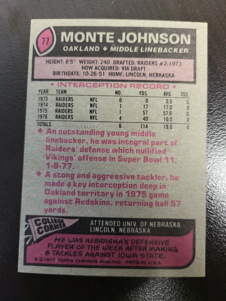 1977 Topps Monte Johnson NRMT card #77 - Image 2 of 2