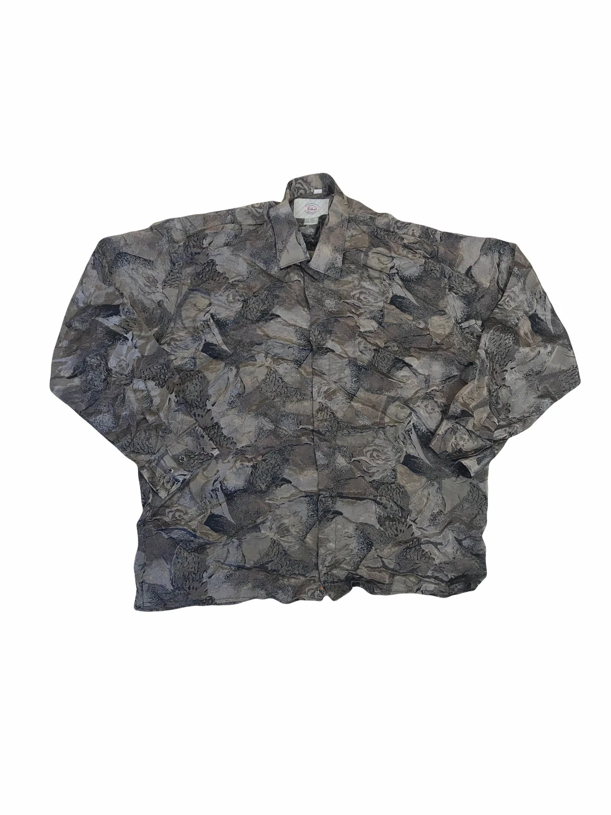Vintage 80s abstract pattern grey silver 100% silk ugly shirt size large