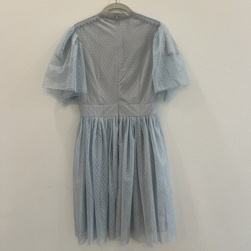 Ivy City Women Dress Small Blue Chiffon Swiss Dot Tie-Neck Lace Short Sleeve - Picture 3 of 11