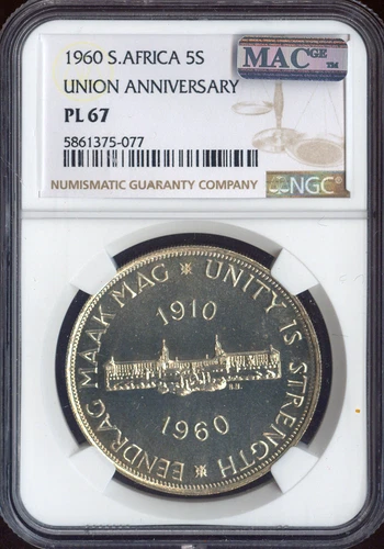 1960 South Africa Silver 5 Shillings NGC PL67 Quality