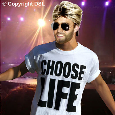 WÄHLEN SIE LIFE WHAM George Michael Kostüm 80er Jahre T-Shirt Perücke Brille Makeup Posten  