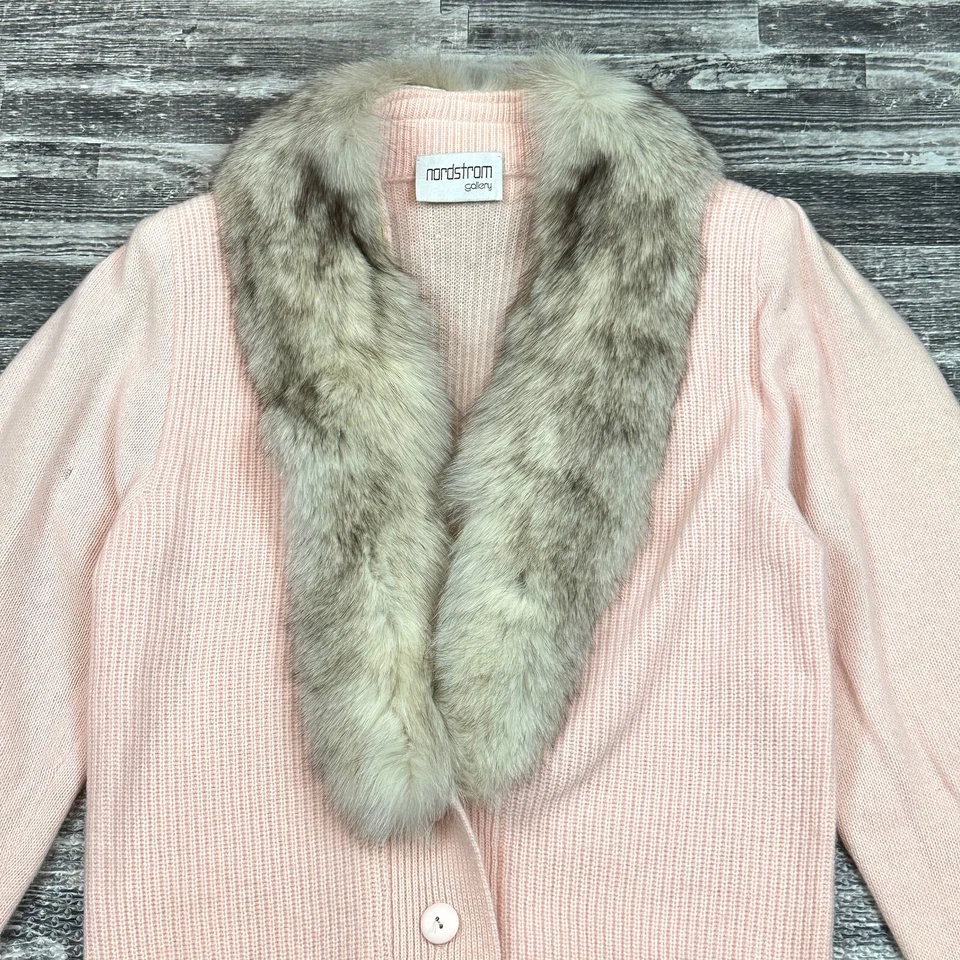 Cárdigan Suéter Vintage Nordstrom Gallery Rosa Talla S Borde de Zorro Lana de Cordero Angora Foto 3 de 4