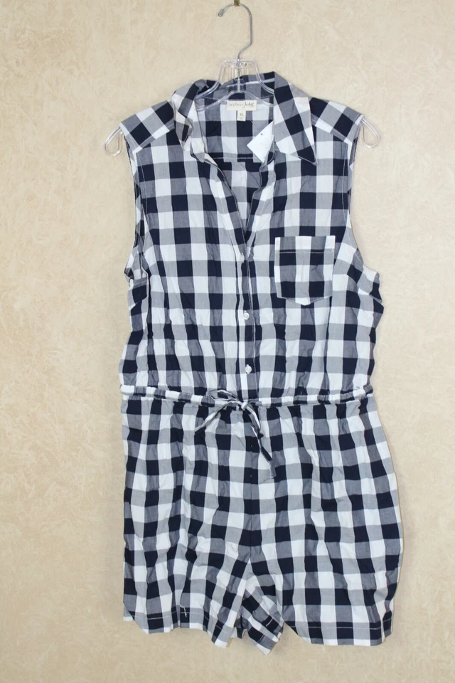 Maison Jules New Women's  Blue Notte Gingham Printed Drawstring Romper NWT R9D4 - Image 2 of 4