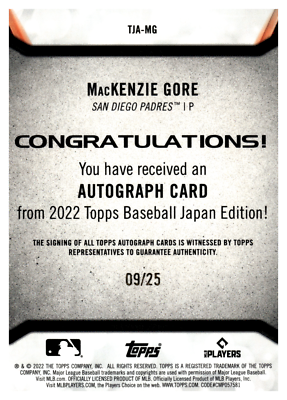 2022 Topps Japan Autographs Gold #TJAMG MacKenzie Gore RC /25 | eBay