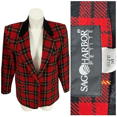 Sag Harbor Blazer Womens 14P Red Plaid Wool Jacket Work Office Holiday Casual