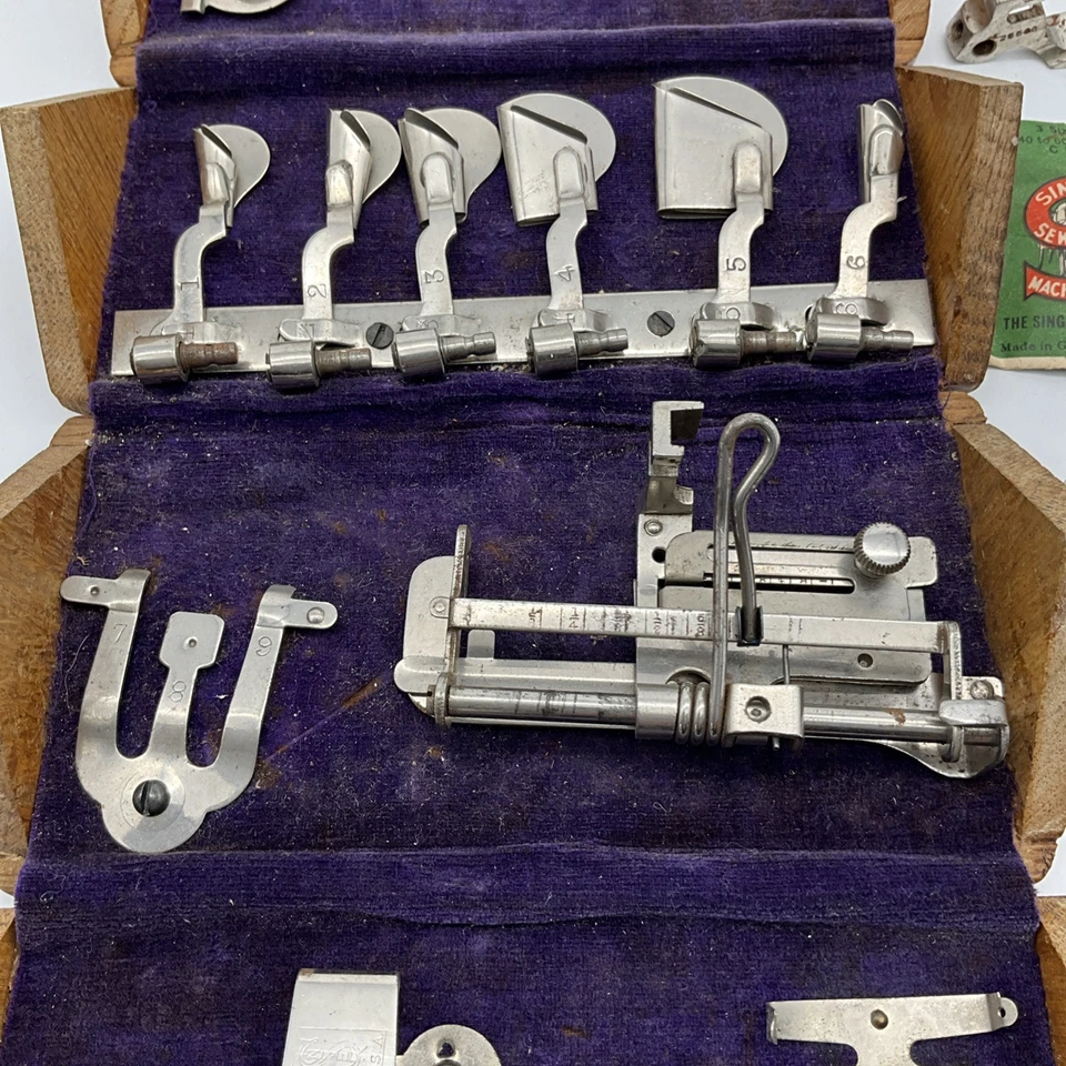 Antique Singer Sewing 1889 Oak Puzzle Box with Attachments Purple Velvet - Image 4 of 4