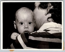 Vtg B&W Snapshot Baby On Shoulder Striped Shirt 1950s