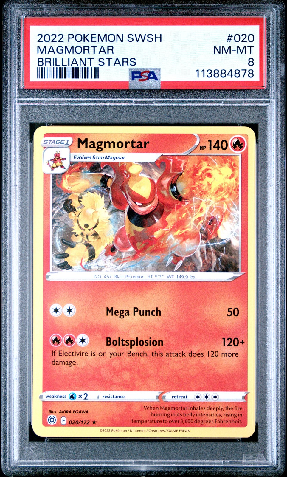 2022 POKEMON SWORD & SHIELD BRILLIANT STARS #020 MAGMORTAR PSA 8