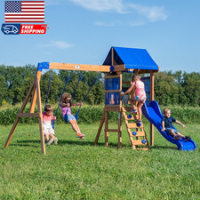 Kids Outdoor Cedar Wood Swing Set Play Set With Clubhouse Slide Rock Wall Ladder