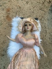 Antique Boudoir Doll wearing Original Pink Dress, Composite, Straw Filled .