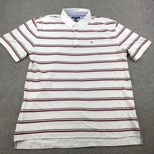 Vintage Tommy Hilfiger Polo Shirt Mens 2XL White Red Navy Stripe Classic Logo