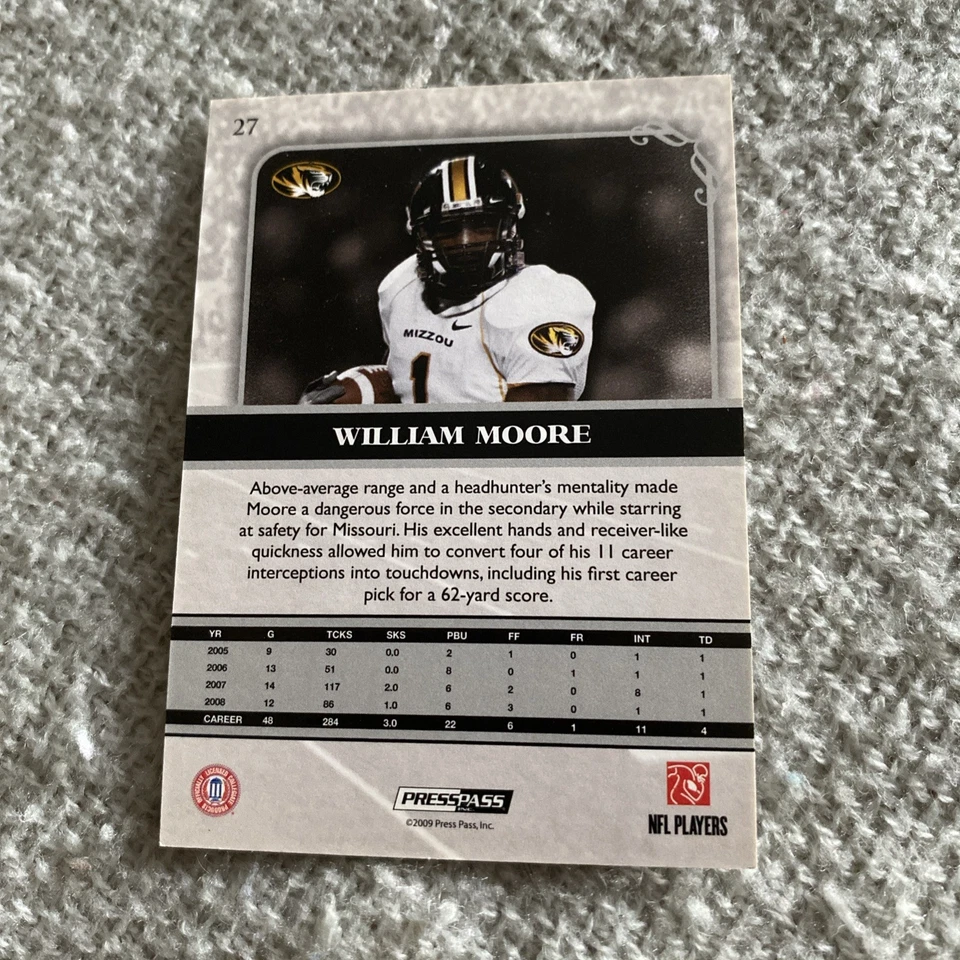 2009 NFL Press Pass Legends | William Moore | 427/899 | #27 | Missouri Tigers - Image 2 of 2