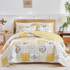 3 Pieces Floral Patchwork Quilt Set Queen, Yellow n White Flowers Design, Sof...