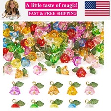100pcs Flower Bracelet Charms Leaf Flower Acrylic Dangle Pendants Transparent...