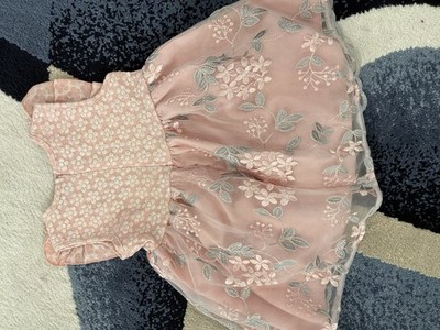 Girls Pink Floral Fit & Flare Party Dress Embroidered Tulle Ruffle Sleeves