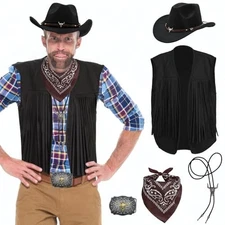 5 PCS Cowboy Outfit for Men-Western Costume Set Hat Necklace Large Black