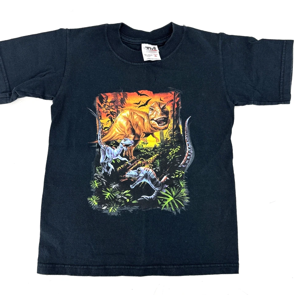 Y2K Dinosaur Youth Small Boys T Shirt Vintage T Rex Raptors Nature Cotton Black - Image 2 of 4
