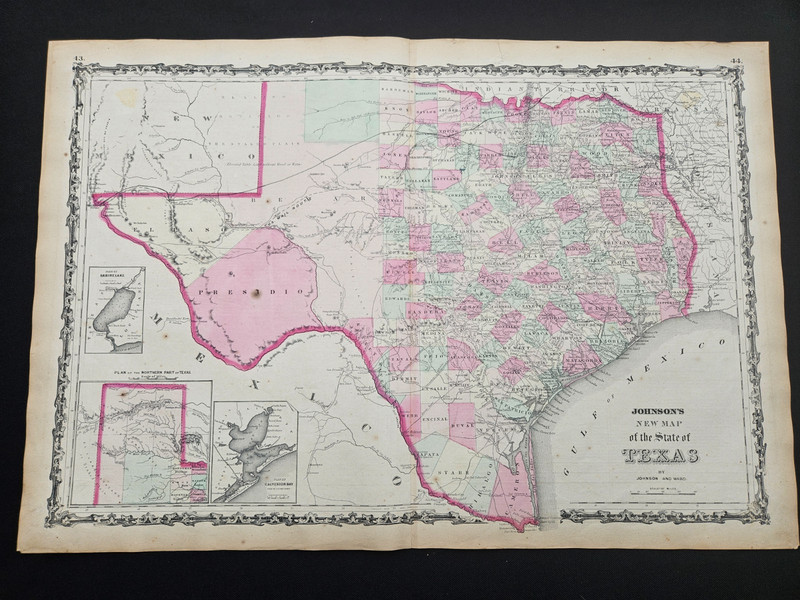 1863 Johnson Atlas Antique Map State of Texas Civil War Era Large 100% Genuine