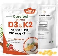 VEV Vitamin D3 K2 Softgels 10,000 IU 200 mcg MK-7, 300 Count Pack of 1