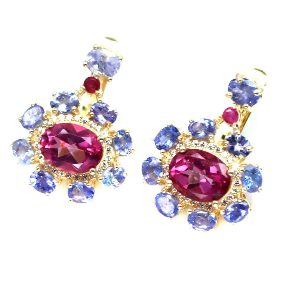 925 Silver 7 x 9 MM. Pink Mystic Topaz, Tanzanite, Ruby, Cubic Zirconia Earrings - Image 2 of 4