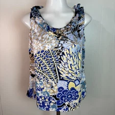 Talbots Petite P Top Blue Floral Shell Tank Ruffle Sleeveless Women's