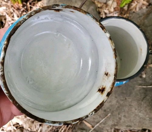 Antik Blau Wirbel Granit Ware Milch/Sahnekännchen Behälter Griff Lanch Pal - Bild 12 von 14