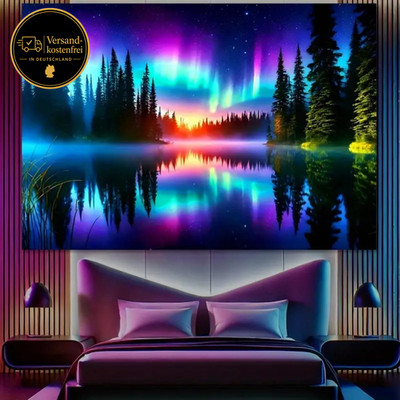 Schwarzlicht Wandteppich Nordlicht Wald See UV-reaktiv Wanddekoration für Wohnzi