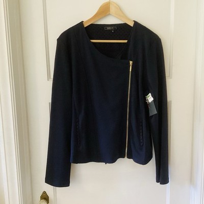 ORLY Women s Moto Jacket Size L Navy Blue 100% Cotton Lace Trim Zip City NWT