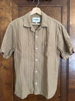 Corridor NYC Gold Yellow Tan Striped Short Sleeve Linen Shirt Men s Small