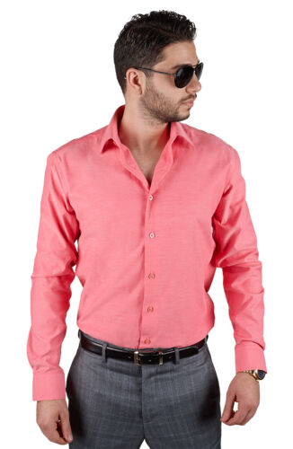 Camisa de vestir rosa coral a medida calce ajustado para hombre cuello extendido sin arrugas por AZAR - Imagen 1 de 5