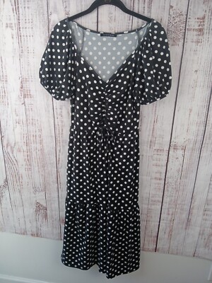 black and white polka dot midi dress ZAPAKA Women Satin Long Dots with Slit Puff Sleeves A Line Off The Shoulder Vintage Summer Dress, Black White / AU14 Fully lined Caution to the Wind Midi