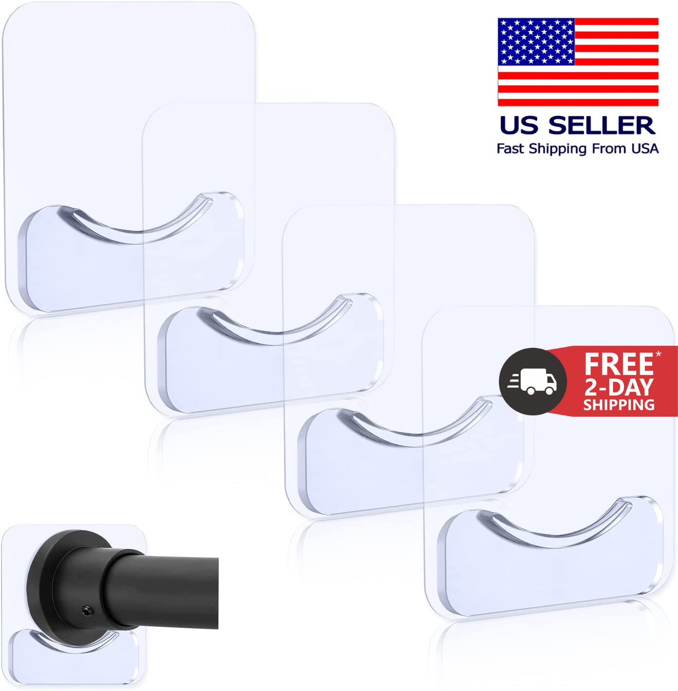 Adhesive Shower Curtain Rod Holder, 4 Pcs Tension Rod Holders, No Drilling | Inv