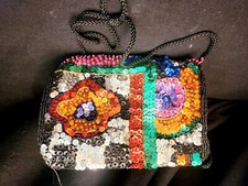 Vintage Beaded Sequin Satin Purse, Barrel Purse, Clutch Crossbody, Abstract V149