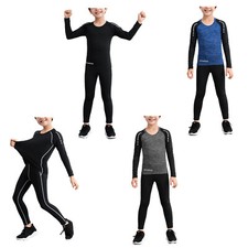 Kids Boys Long Sleeve Athletic Base Layer Compression Shirts and Pants Sport Set