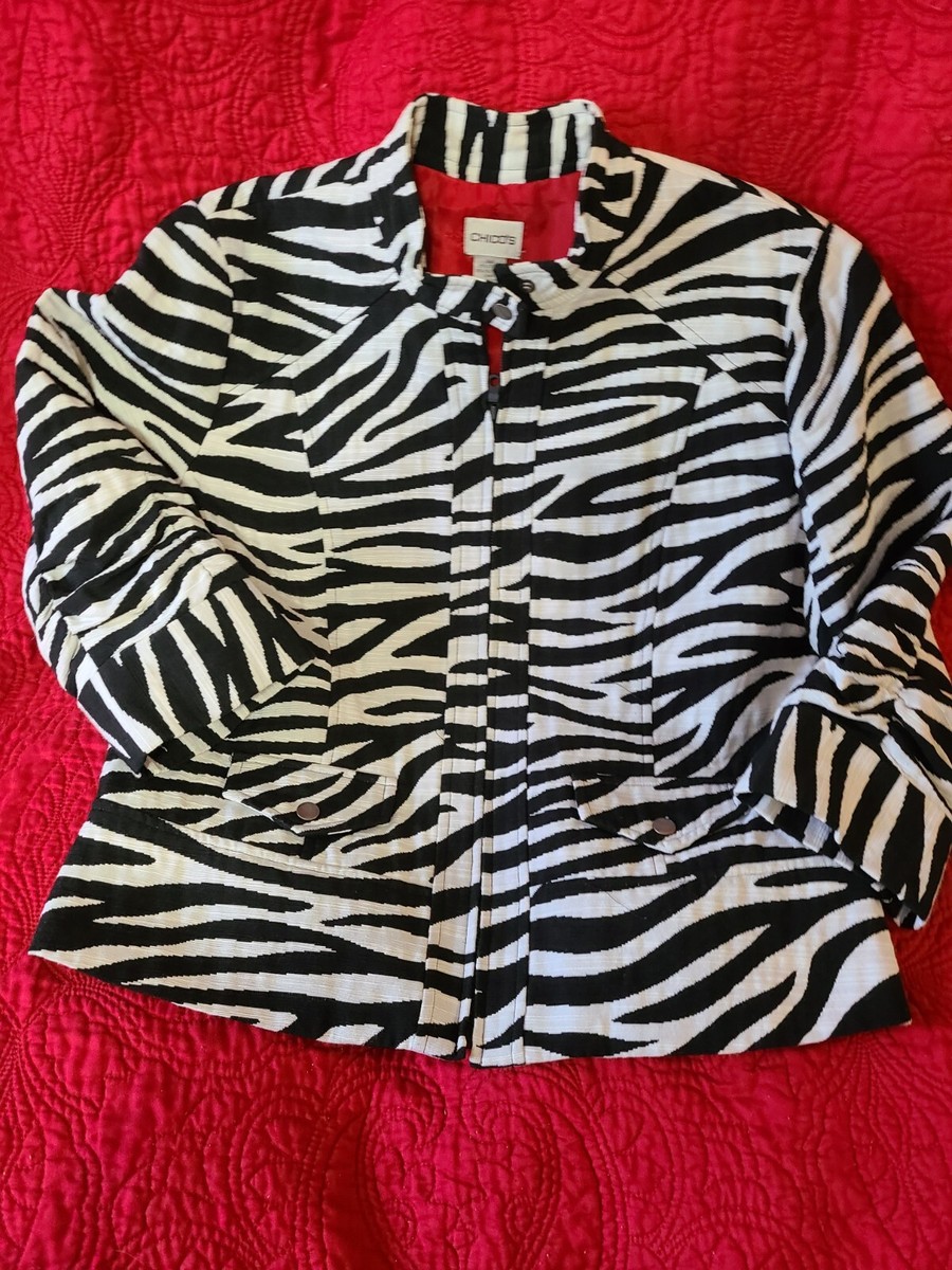 chiko様 Chicos Zebra Print Full Zip Jacket Elbow Length Sleeves Sz 2 Black