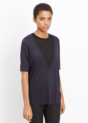 W636 NWT VINCE COLORBLOCK TWO TONE LAYER WOMEN TEE SIZE XXS $145