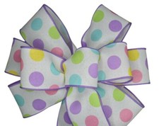10" Hand Made Wired Easter Dots On White Wreath Bow Pastel Pink Yellow Spring
