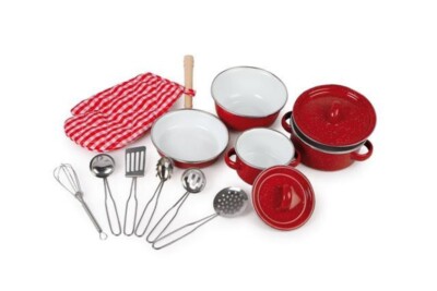 Kleiner Fuß rotes Metall Spielzeug Pfanne & Kochgeschirr Set | Spielküche Zubehör