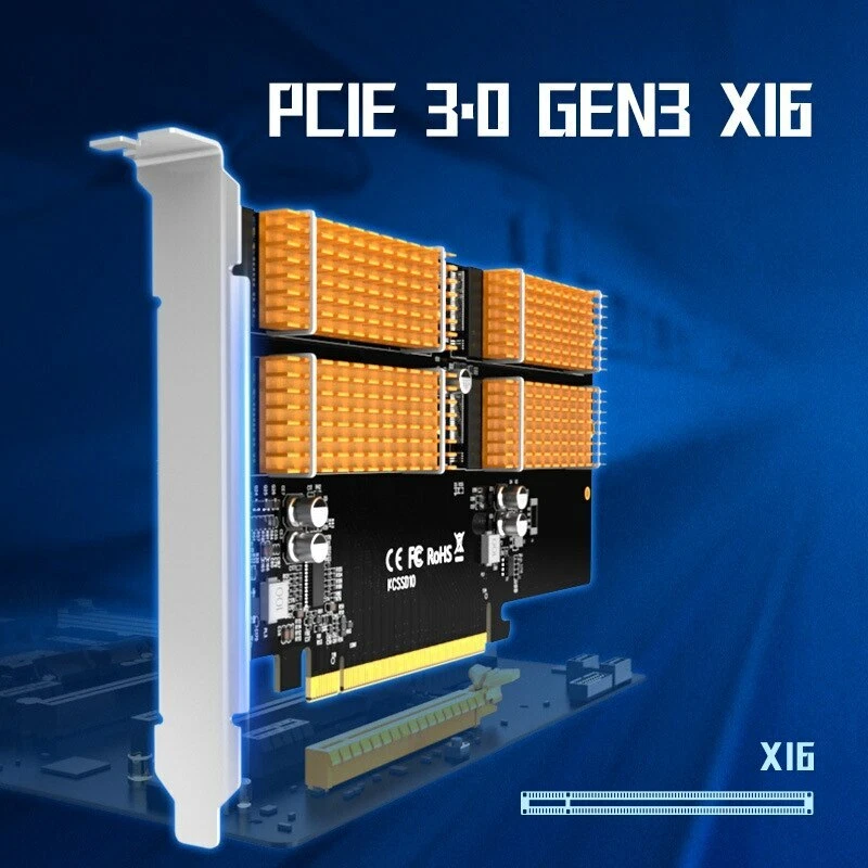 PCIE X16 Adapter Card M.2 NVMe Protocol 4 port MKEY SSD Adapter Card - Image 3 of 4