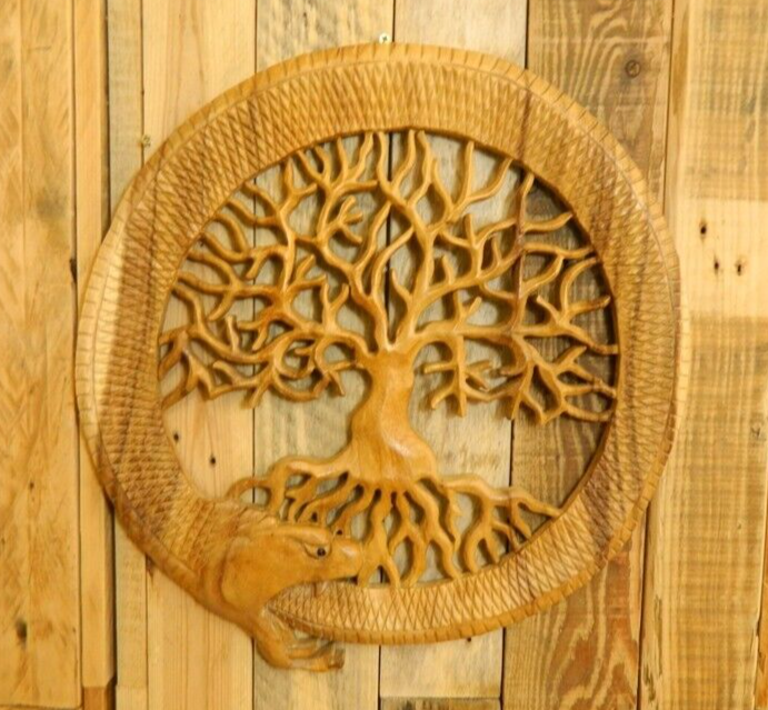 Wooden Tree Of Life Plaque - Jörmungandr Around Yggdrasil