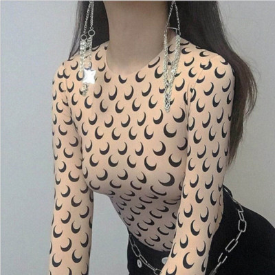 Fashion Moon Crescent Stretchy Long Sleeves O-Neck Women Chic Bodycon Tops Shirt