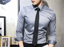 Men's Small Gray Button Up Formal Dress Shirt Long Sleeve Solid slim Fit Size 38