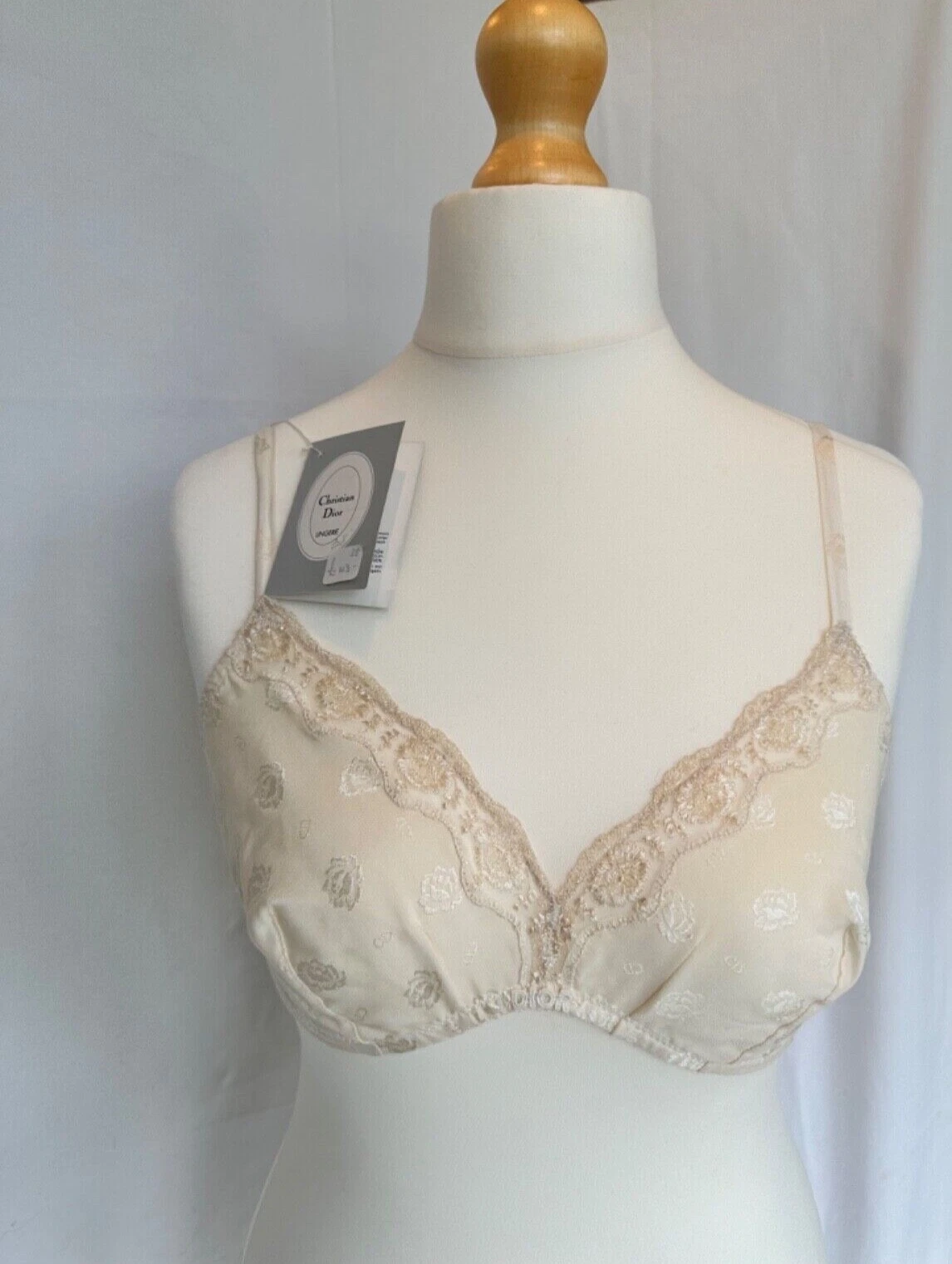 Reggiseno vintage anni '80 designer Christian Dior monogrammato da donna in seta e pizzo nuovo con etichette